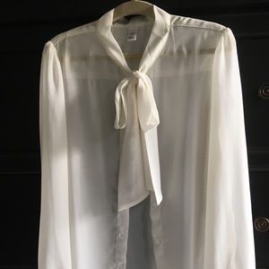 Sheer Ivory Chiffon Secretary Bow Blouse XS